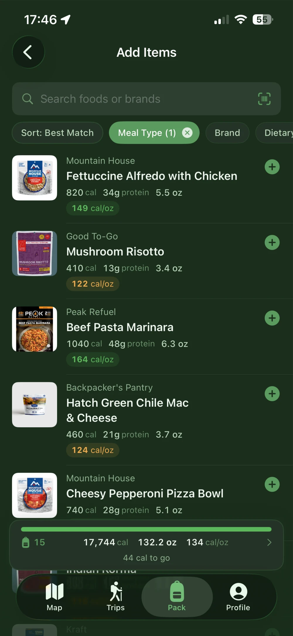 Food catalog with trail meal photos, calories, protein, food weight, calories per ounce, dietary filters, barcode search, and progress toward a calorie target.
