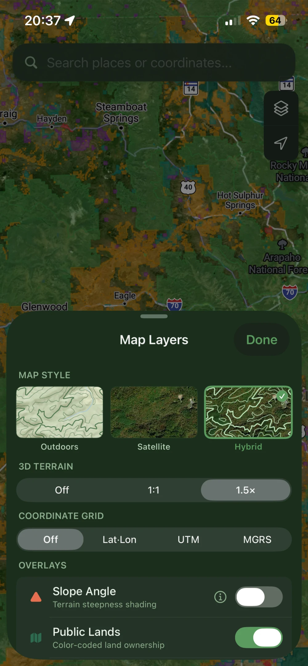 Map Layers panel with Outdoors, Satellite, and Hybrid styles, 3D terrain, coordinate grids, and slope-angle and public-land controls over a Colorado map.