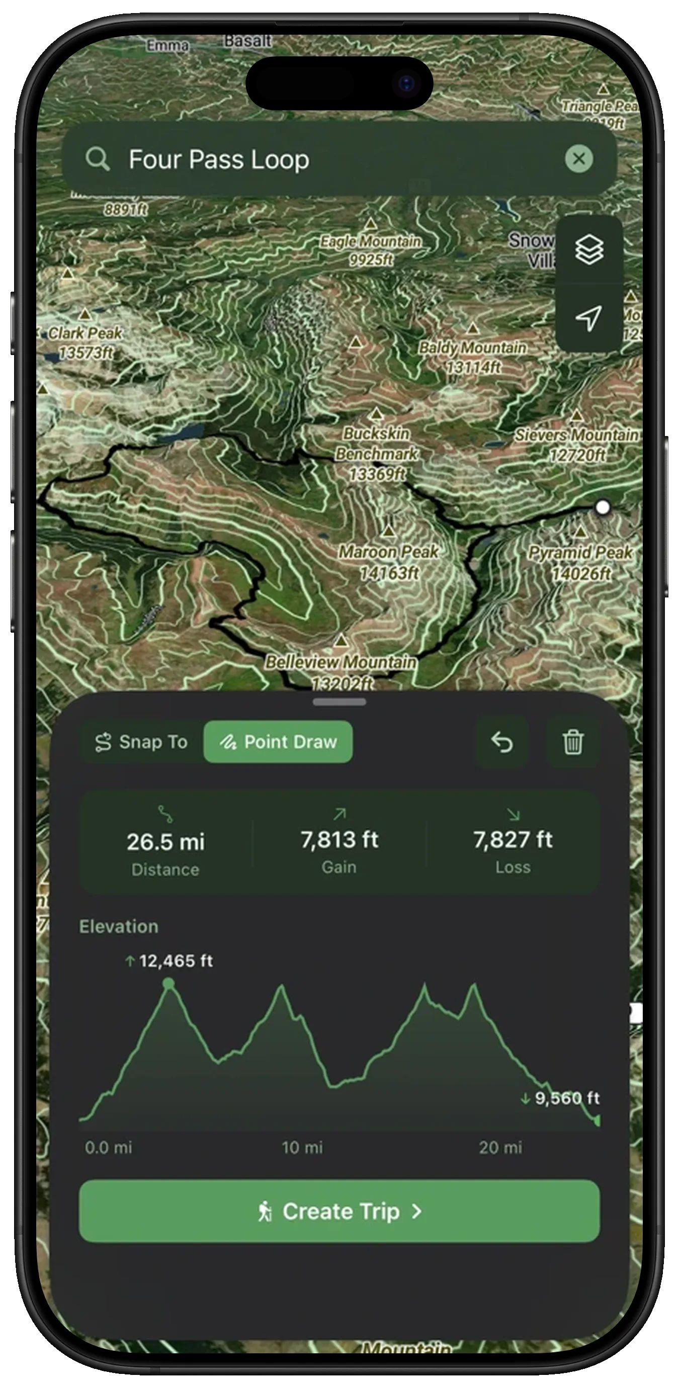 MTNMetrics app showing a 3D terrain map with a hiking route through mountain passes, elevation profile, and route statistics