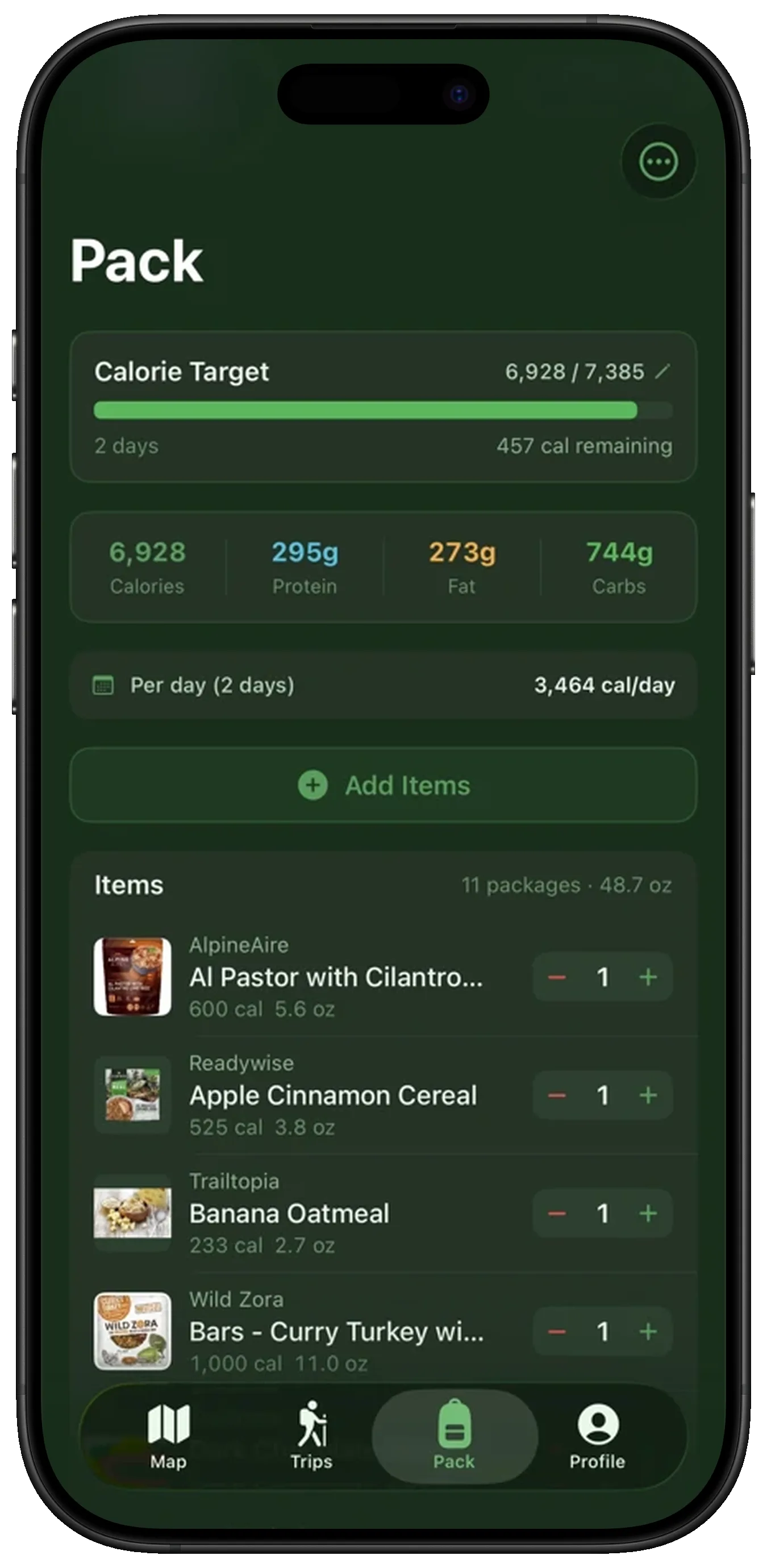 MTNMetrics pack builder showing 11 food items with calorie tracking at 6,928 of 7,385 target calories, macro breakdown, and pack weight