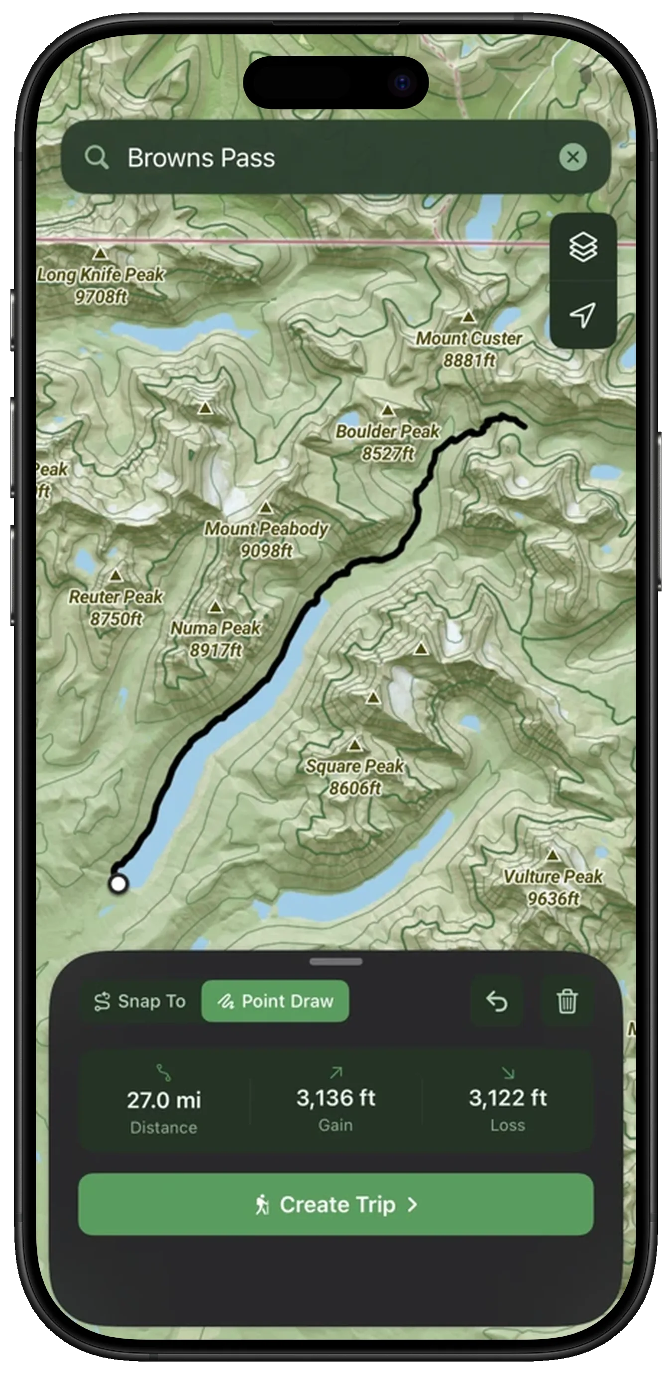 MTNMetrics route planning on a topographic map showing a hiking trail near Bear Lake with distance and elevation stats
